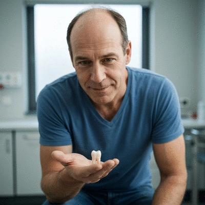 Person holding a knocked-out tooth carefully, with a blurry dental office background