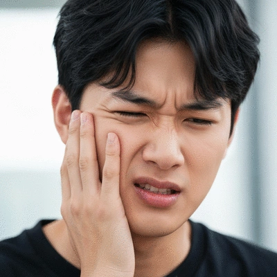 Close-up of a person experiencing toothache pain, holding their cheek