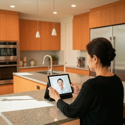 Person using a tablet for an online dental consultation with a dentist on screen, clean image
