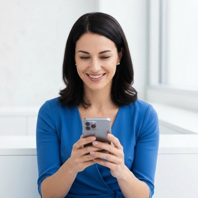 A woman smiling and confidently booking an online dental appointment on her smartphone