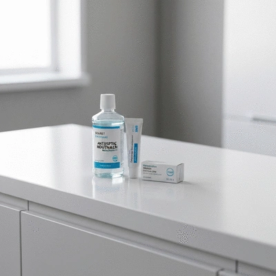 Dental care kit with antiseptic mouthwash, dental wax, and pain relievers on a clean counter