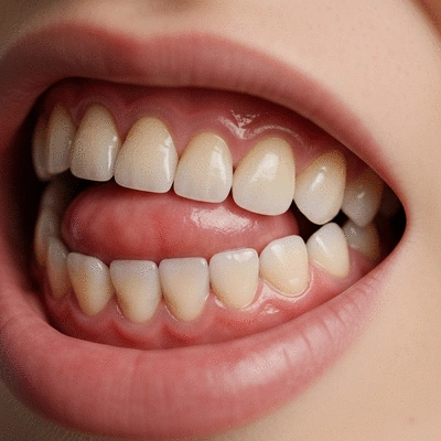 Close-up of a person's mouth showing a swollen gum area around a tooth, indicating a dental abscess, clean image, no text, no words, no typography