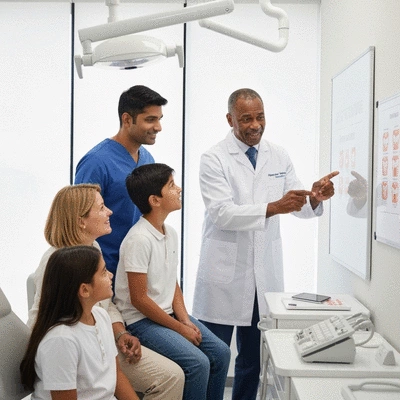 Diverse family discussing dental care options with a friendly dentist, modern clinic setting, no text, no words, no typography
