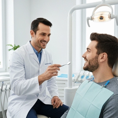 Dentist explaining oral hygiene to a patient in a modern dental office
