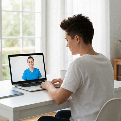 Person using a laptop for a video call with a dentist, clean modern home setting