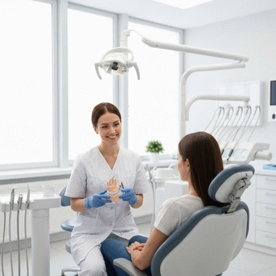 Dentist explaining treatment plan to a patient in a modern dental office