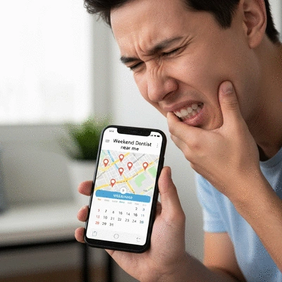 Person holding jaw from tooth pain, looking for a weekend dentist on a phone, with a calendar showing weekend dates