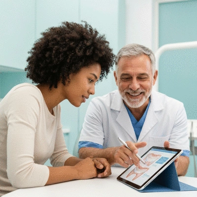 Patient reviewing dental care plan with a dentist on a tablet