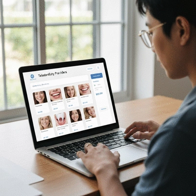 Person researching teledentistry providers on a laptop, showing comparison interface