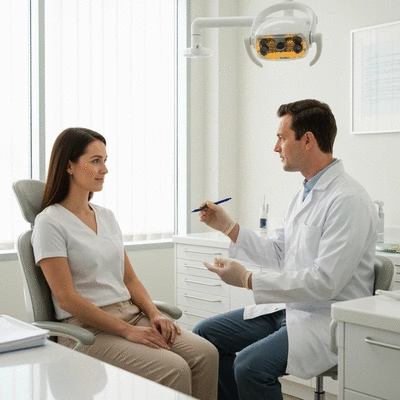 Patient consulting with a dentist about pain management options