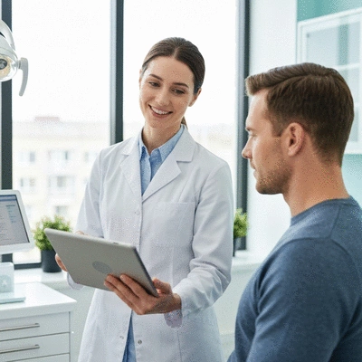 Dentist explaining treatment options to a patient in a modern dental office