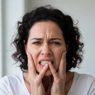 Person holding jaw from toothache, looking distressed