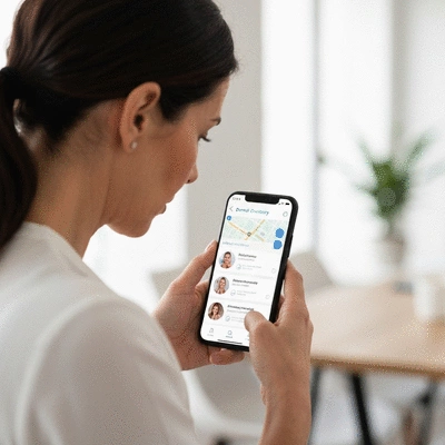 Close-up of a person using a smartphone with a dental directory app, showing map and dentist search results