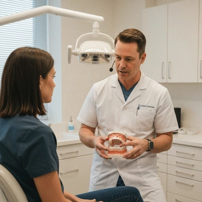 Dentist explaining treatment options to a patient using a dental model