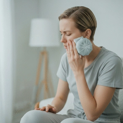 Person using a cold compress on their cheek for tooth pain relief