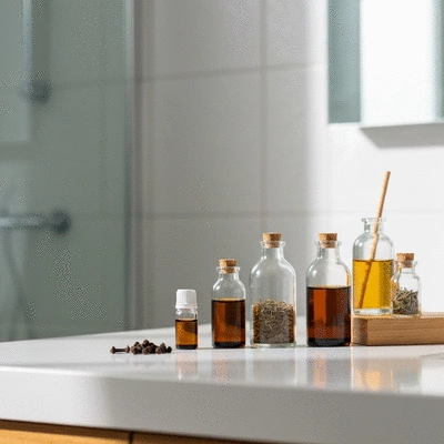 Bottles of clove oil and other natural remedies on a clean countertop, with a blurred background of a modern bathroom, no text, no words, no typography, clean image