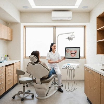 Dentist examining patient in a modern dental office, focusing on patient comfort and education
