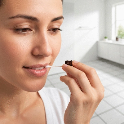 Person applying clove oil to a tooth with a cotton swab for pain relief