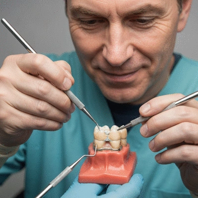 Close-up of dentist applying dental bonding to a chipped tooth, with professional tools and a clean background