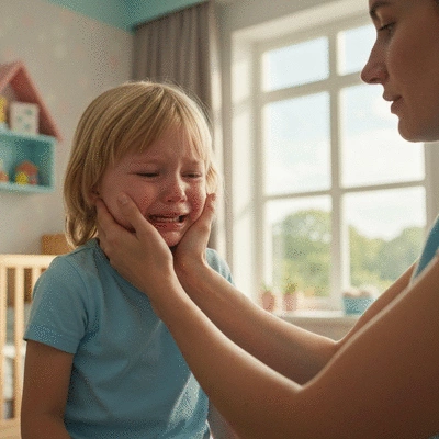 Parent comforting child with toothache