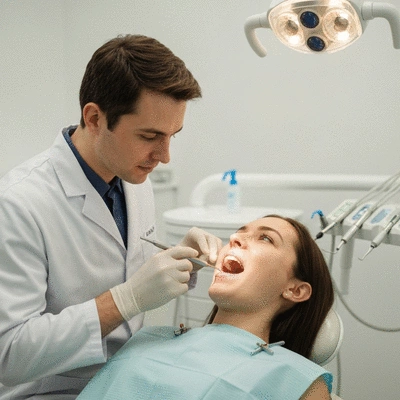 Dentist examining patient's teeth in a modern clinic