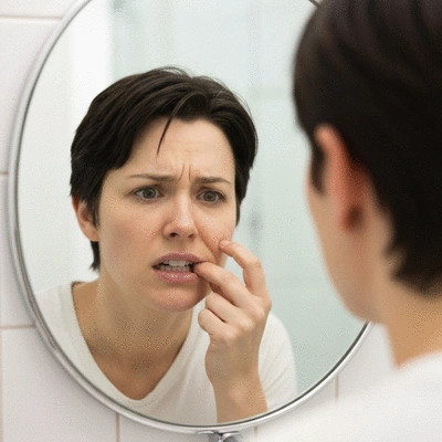 Person looking concerned at their tooth in a mirror, implying dental emergency assessment, no text, no words, no typography, clean image.