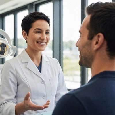 Dental professional explaining options for a lost filling to a patient