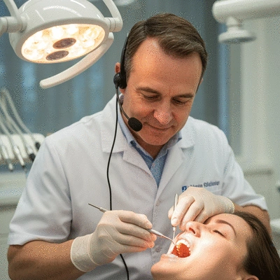 Close-up of a dentist examining a patient's mouth for lost filling