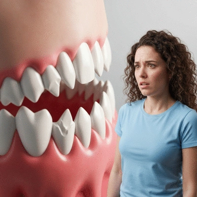 Close-up of a broken tooth with a concerned person in the background, illustrating urgency. No text, no words, no typography, no labels, clean image.