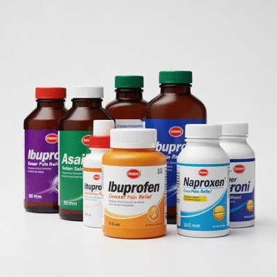Assortment of OTC pain relief bottles on a clean white background