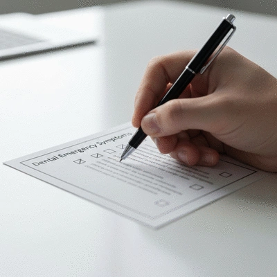 Close-up of a hand checking off items on a dental emergency symptoms checklist, clean image, no text, no words, no typography