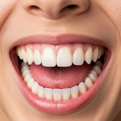Close-up of a person's mouth with healthy teeth and gums, soft focus background, symbolizing good oral health