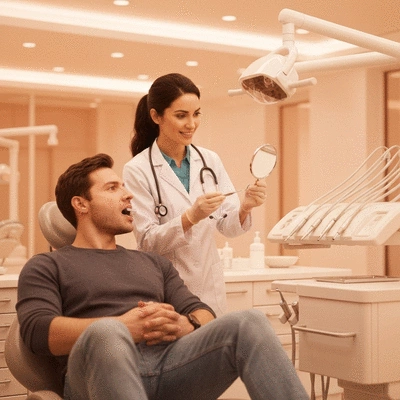 Dentist explaining preventive care to a patient in a modern clinic setting
