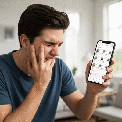 Person holding jaw from tooth pain while looking at a smartphone with dental clinic search results, no text, no words, no typography, clean image