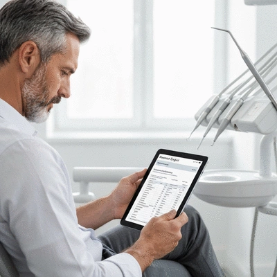 Person reviewing a financial plan or budget for dental work on a tablet, with dental tools in the background, no text, no words, no typography, clean image