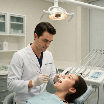 Dentist examining a patient's mouth with dental tools