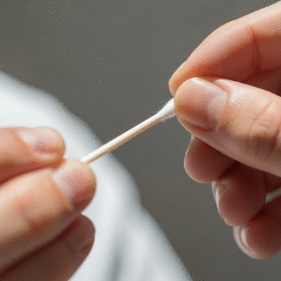 Close-up of a hand applying clove oil to a painful tooth with a cotton swab, soft focus background, no text, no words, no typography, clean image