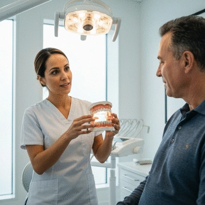Dentist explaining oral health to a patient with a dental model