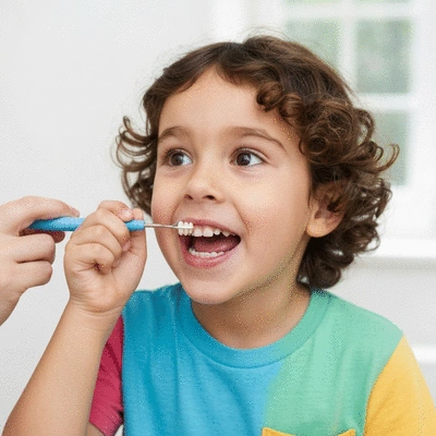 Child pointing at a diagram of healthy teeth
