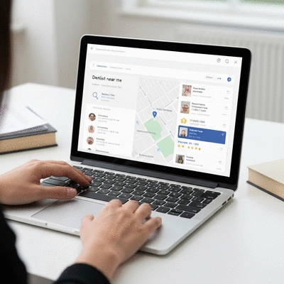 Person using a laptop to search for 'dentist near me' with a map of local dental clinics displayed, showing weekend hours